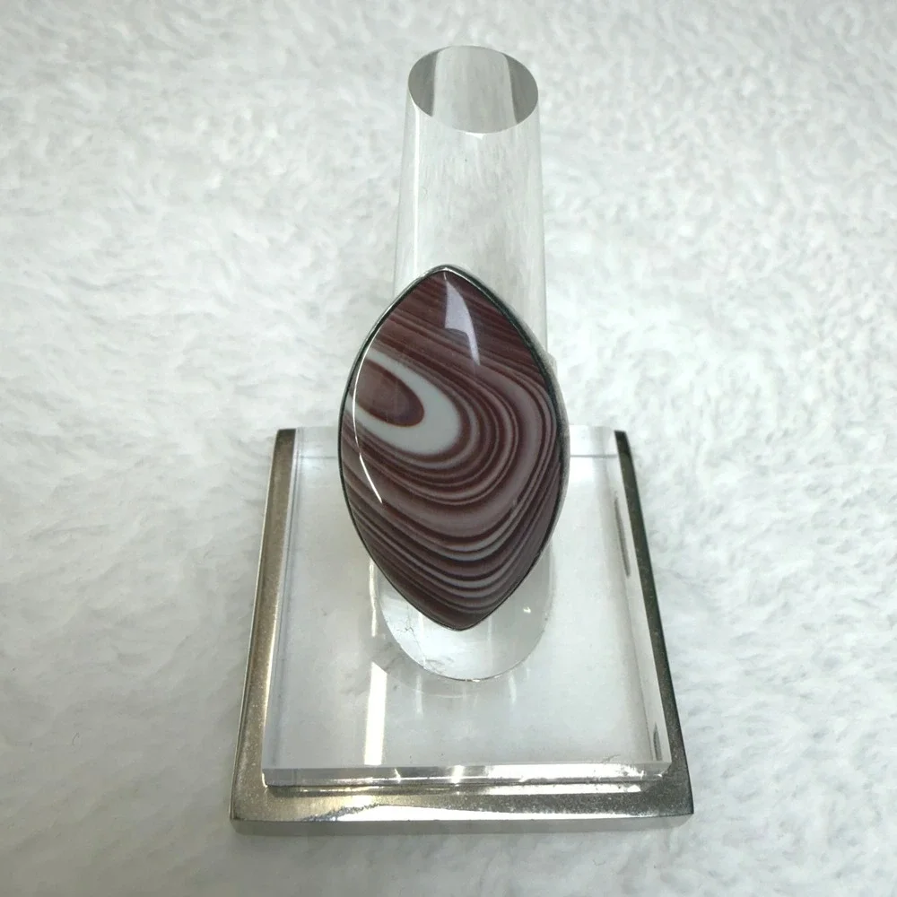 DRT Sterling Silver 925 Banded‎ Agate Marquise Statement Ring Size 6.25 Burgundy
